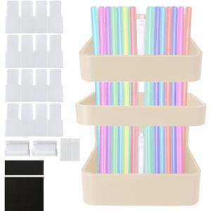 3 x Straw Holder for Cabinet Door, Adjustable 2-Part Organizer with Dividers and Adhesive Tape, Straw Storage for Kitchen Cupboard (1Pack-Yellow)
