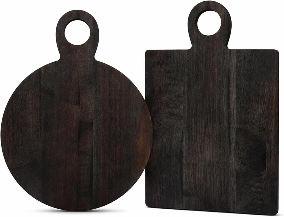 2 Pcs Acacia Wood Cutting Board with Handle 16'' Square and Round Charcuterie Chopping Board for Pizza Cheese Meat Decorative Black Wooden Serving Tray for Kitchen and Dining Room