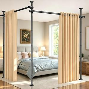 SUNALLY Room Divider Tension Curtain Rod, No Drilling Room Separator for Space Partition, 4-10ft(H) 32-200inch(W) Adjustable Heavy Duty Temporary Wall Divider Floor to Ceiling Tension Rod, Black