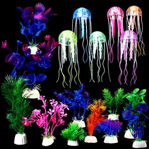 Yinder 17 Pcs Fish Tank Decorations, Include 11 Aquatic Plants and 6 Artificial Jellyfish, Colorful Fish Tank Plastic Plants Accessories for Aquarium Household and Office