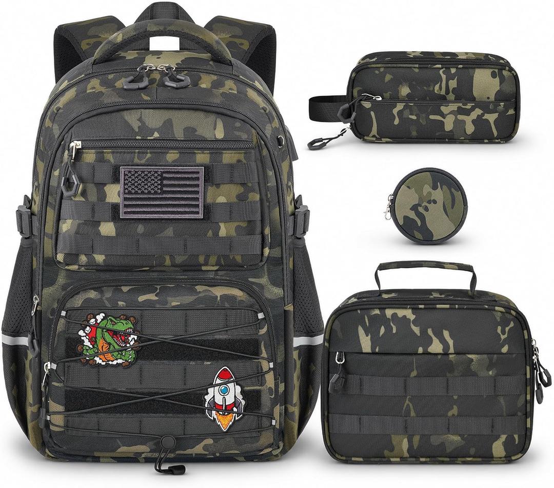 Boys Backpack with Lunch Box, 4 PCS Camo School Bookbag for Boys | Large Capacity Elementary Backpack, Back to School Backpack for Kids, Boys & Teens