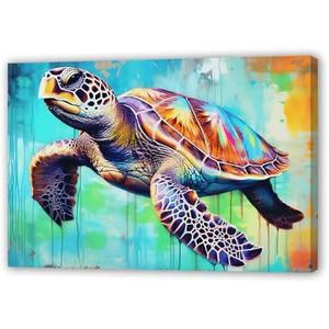 QIXIANG Colorful Marine Life Canvas Wall Art Watercolor Sea Turtle Painting Prints Ocean Themed Decor Artwork for Bathroom Decor Framed (Sea Turtle 3, 16.00" x 24.00")