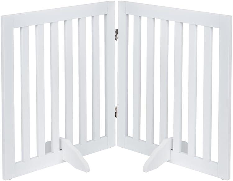 unipaws 24H Free Standing Pet Gate for Dog Cat, Wooden Dog Gates for Doorway, Stairs, Step Over Foldable Pet Fence for The House, Expandable Doggy Barrier, Indoor Use, White