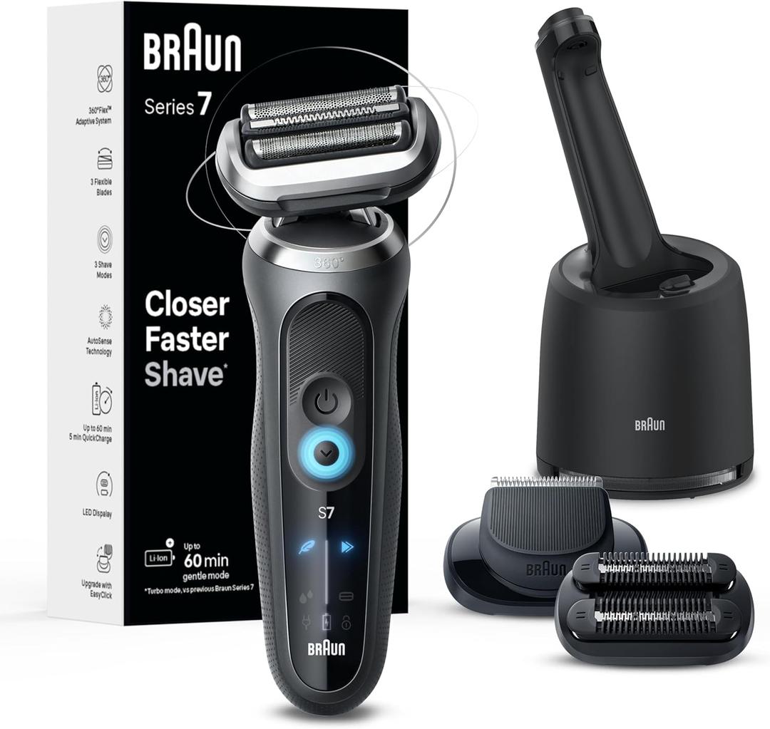 Braun Electric Shaver for Men, Series 7 7185cc, Waterproof, Wet & Dry Shave, Shaving Kit with SmartCare Center and Beard Trimmer, 3 Shave Modes, 60 Minute Battery Runtime, 10 Piece Set (Grey)
