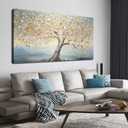 Large Tree Decor Art Bedroom Gold Canvas Wall Decor Light Blue Picture Wall Art for Living Room Office 29" x 59" White Artwork Poster