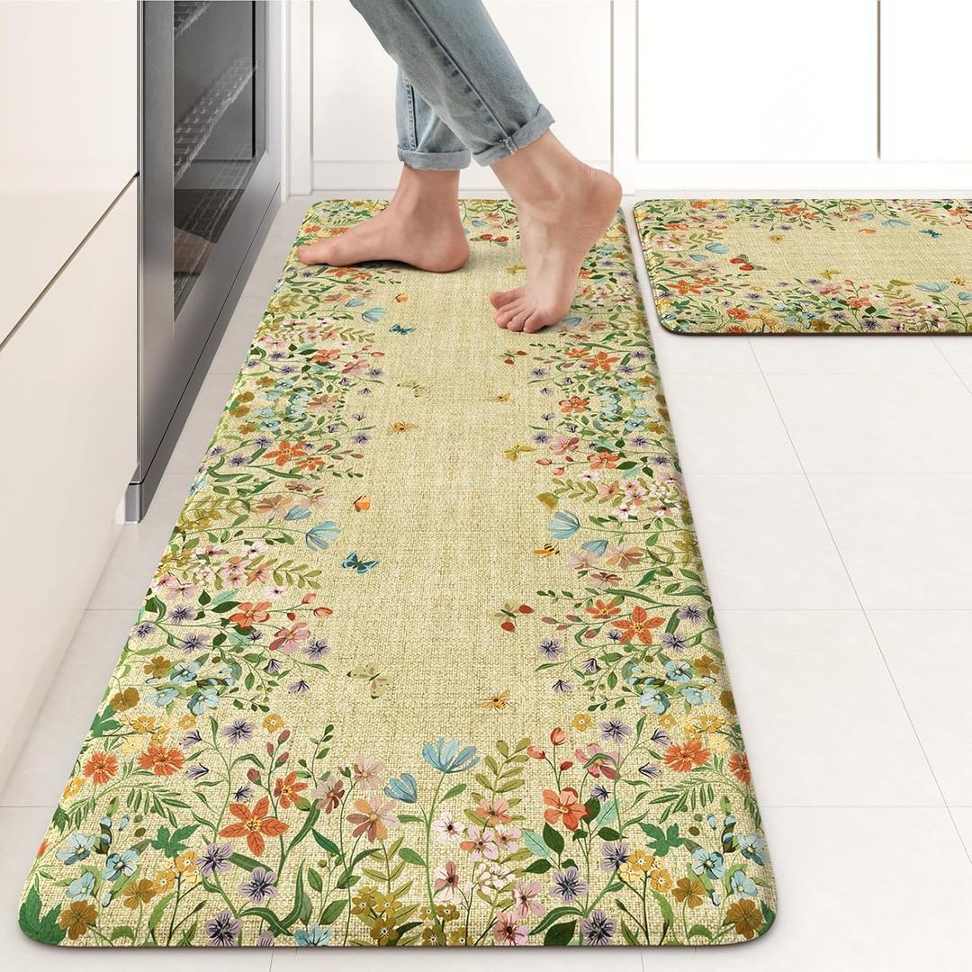 KIMODE Anti Fatigue Mats for Kitchen Floor 17"x47"+17"x29", Brown Butterfly Floral Kitchen Rugs Sets of 2, Cushioned Kitchen Floor Mats, Non Slip Standing Mat for Sink Laundry Office Desk