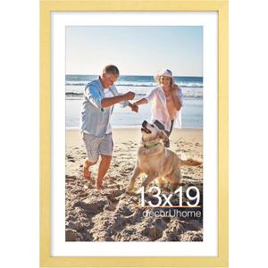 decorUhome 13x19 Picture Frame, Display Pictures 11x17 with Mat or 13x19 without Mat, Wall Mounting Photo Frame, Gold, 1 Pack