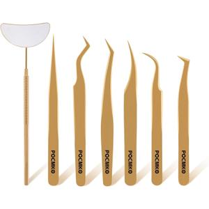 Lash Tweezers for Eyelash Extensions, Professional Eyelash Tweezer Set, Lash Extension Tweezer Kit (Set of 7, Gold)