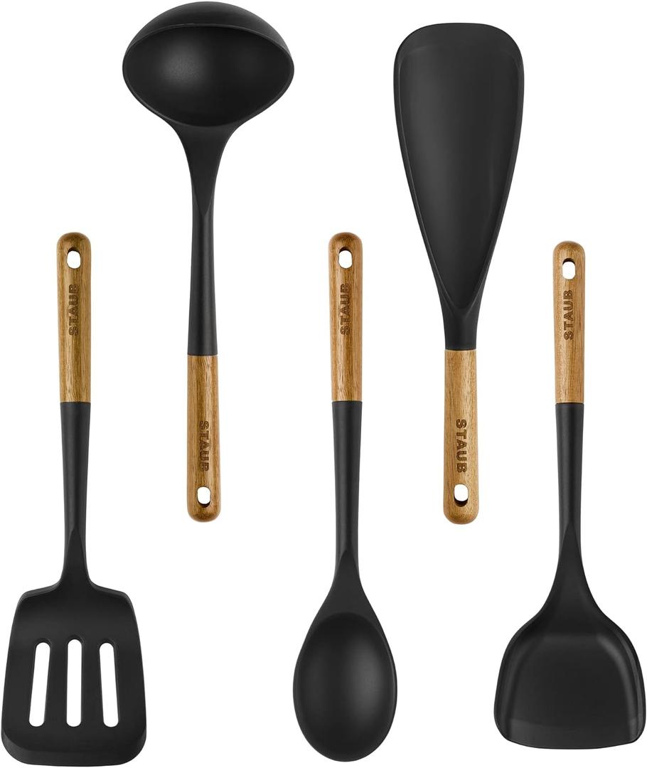 STAUB Silicone with Wood Handle 5-pc Cooking Utensil Set (Matte Black)