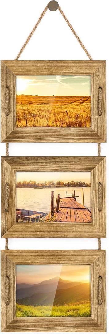 DLQuarts 5x7 Hanging Picture Frames Collage Wall Decor, 3-Opening Photo Frames 5x7 without Mat & 3.5x5 with Mat, Rustic Wood, Carbonized Black (5x7 (1-Pack))