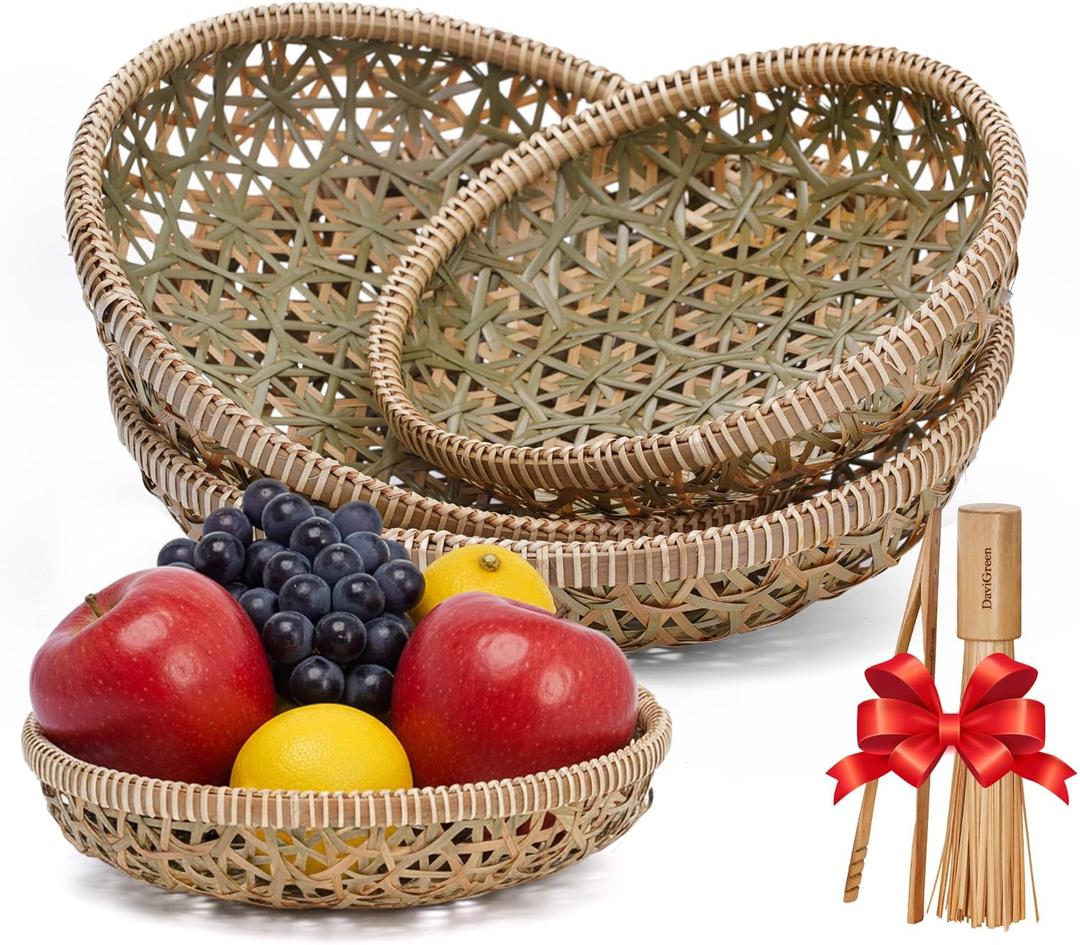 Handwoven Bamboo Basket Set of 3, Decorative Wall Basket, Boho Woven Basket Decor, Round Serving Basket for Bread & Fruit, Artisan Bamboo Storage + Tongs & Brush