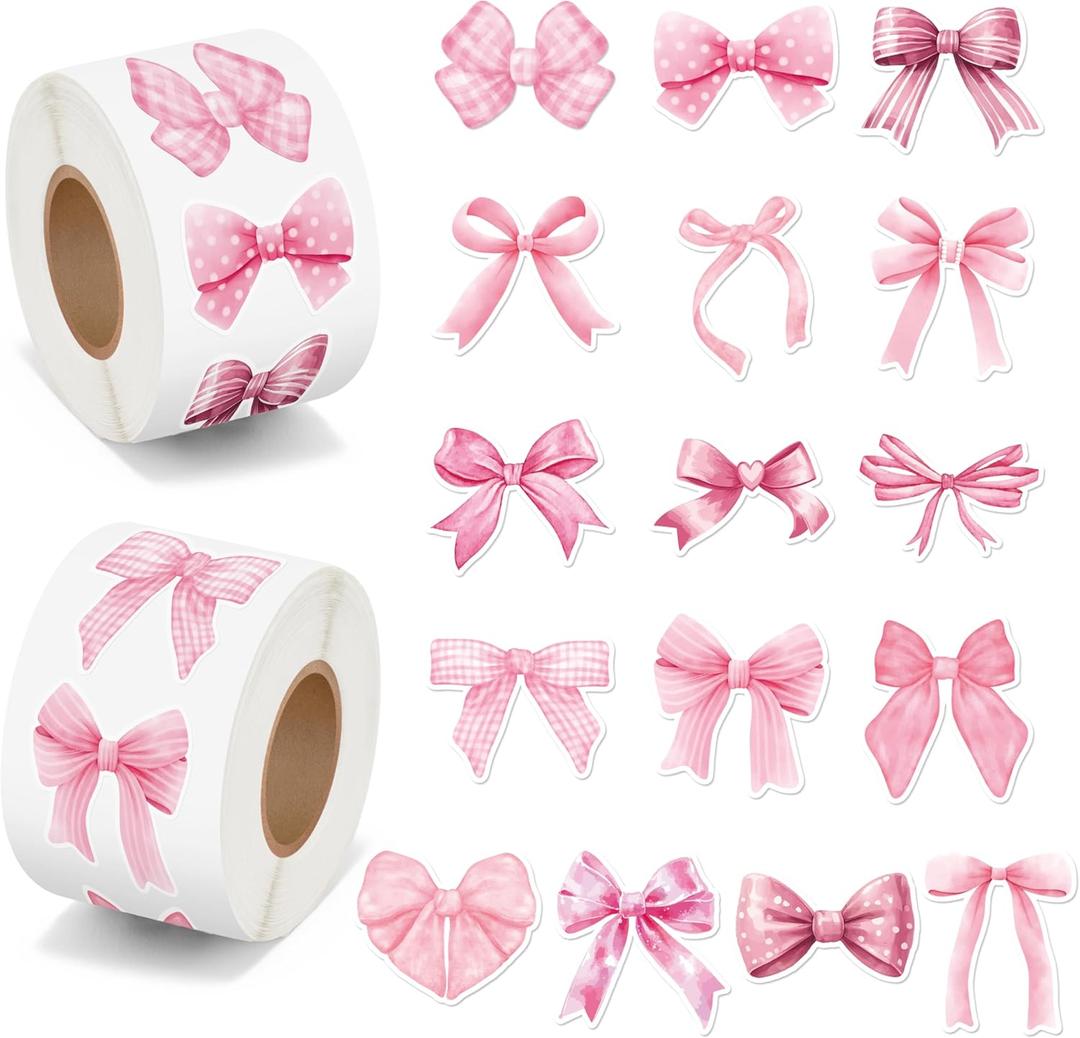 BeYumi Pink Bows Sticker Roll - 1000Pcs Coquette Pink Bows Stickers in 2 Rolls Waterproof Vinyl Girly Aesthetic Decal for Gift Laptop Bottle Scrapbooking Luggage Computer Envelope Decor for Kids