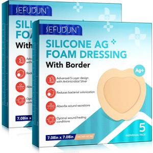 Silicone Foam Dressing Ag Sterile Wound Bandage with Waterproof Gentle Silicone Adhesive Border, 7"x7" Breathable Ultra Absorbent Pads (7.08x7.08 Inch (Pack of 10))