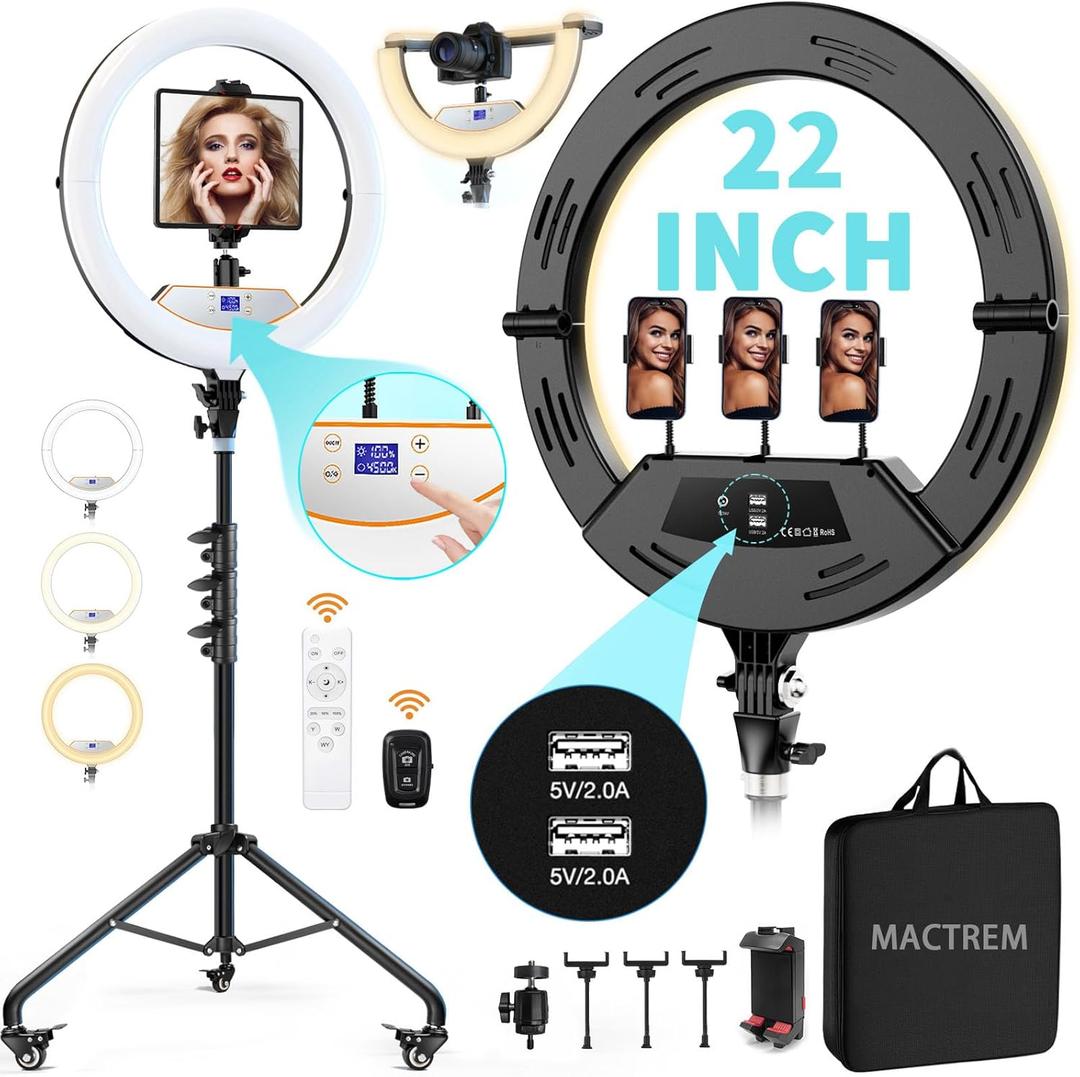 MACTREM 22" Foldable Ring Light with Stand for iPhone ipad, 75" Tripod with Wheels 50W 6500K LED Display/2 USB Ports Large Ringlight Rolling, Tattoo Barber Makeup Studio Video Photography Lighting (22Inch)