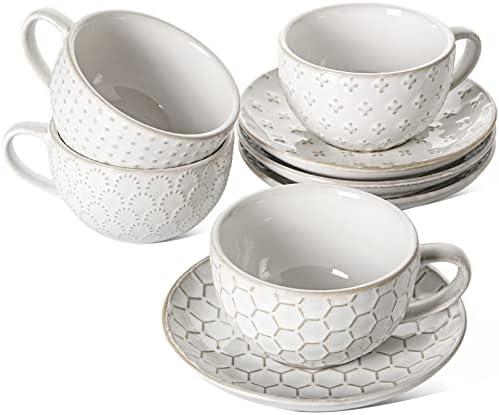 LE TAUCI Cappuccino Cups with Saucers - 8 oz Large Ceramic Coffee Cup Set for Café Au Lait, Latte, Mocha, Tea Cup and Saucer Set, Microwave & Oven Safe, Set of 4, Embossed, White