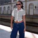 Women Short Sleeve Striped Knitted Tops Lapel Collared Button Down Cropped Cardigan Sweaters White (White, L)