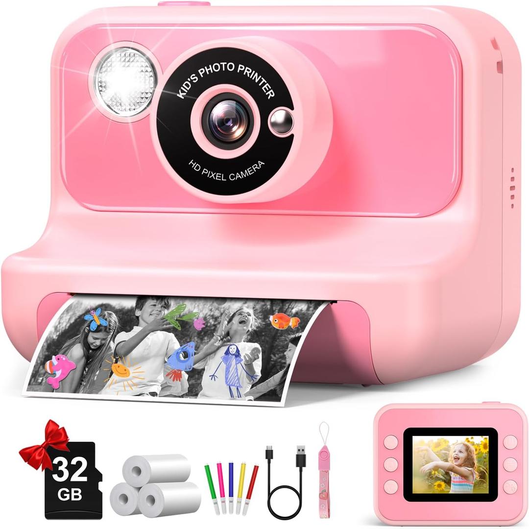 Kids Camera Instant Print, Kids Camera 1080P HD Video Digital Camera, Christmas Birthday Gifts for Girls and Boys, Toddler Toy for 3-12 Years Old (Light Pink)
