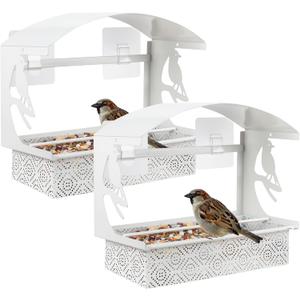 Tonitrui Window Bird Feeder with Heavy-Duty Adhesive Hooks for Outside,All-Season Metal Winter Bird Seed Feeder for Ultimate Window Viewing, 2-Pack (White)