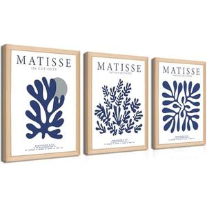 Wood Frame Matisse Wall Art Set of 3, Abstract Blue Henri Matisse Canvas Posters Prints, Navy Blue Flower Aesthetic Wall Decor Paintings for Living Room Bedroom Bathroom 12x16 In Light Framed 3 Pcs
