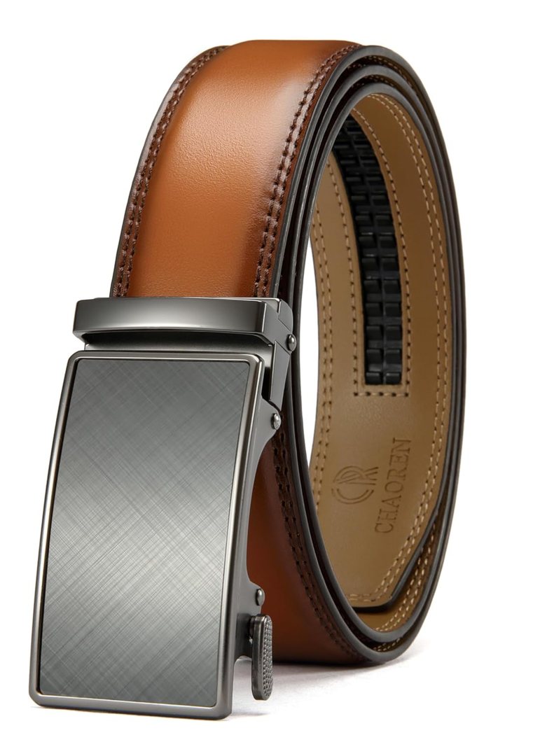CHAOREN Mens Belt - Mens Ratchet Belt Leather 1 3/8" for Dress Pant - Micro Adjustable Belt Fit Everywhere Brown Tan
