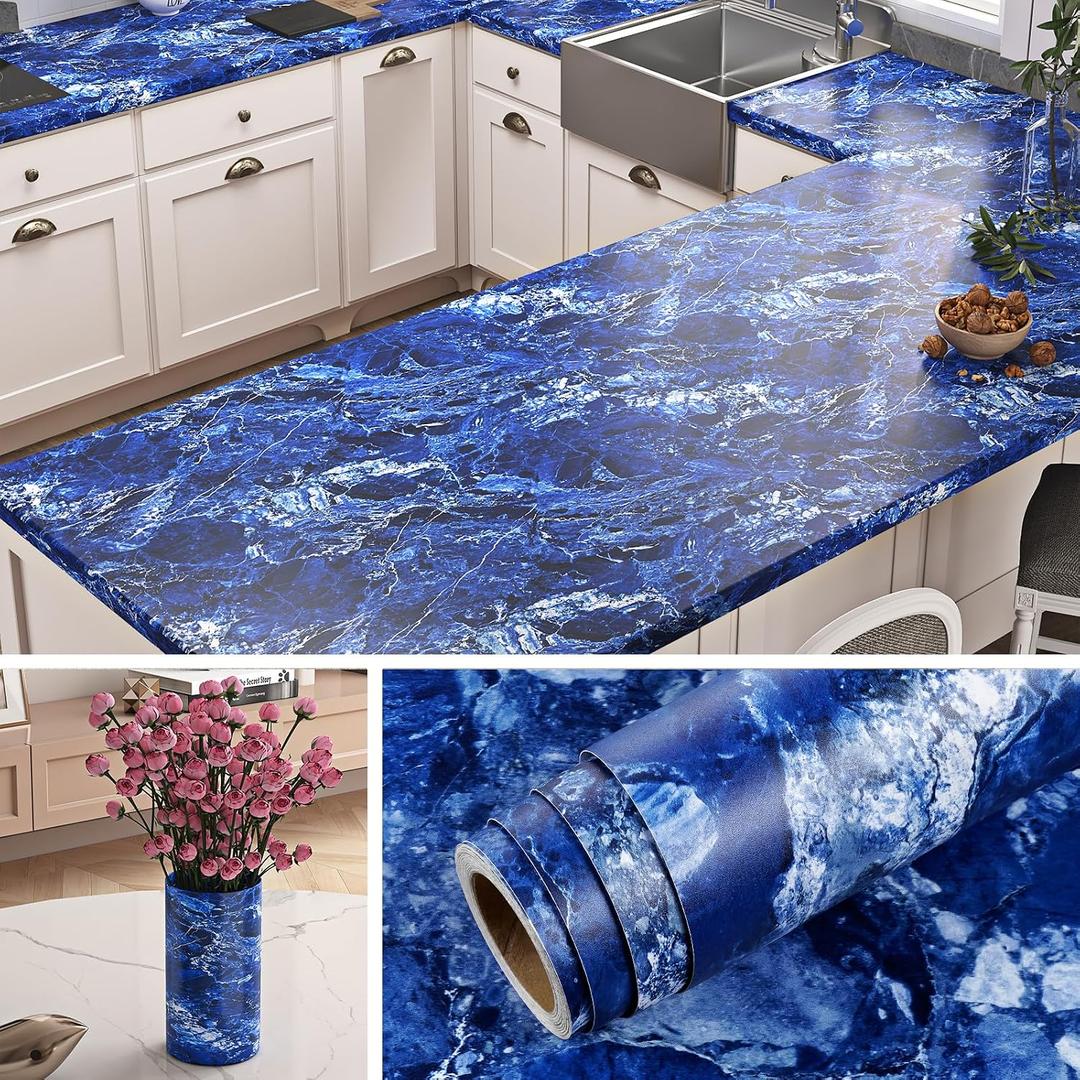 Livelynine Peel and Stick Countertops 24x394in Blue White Marble Countertop Peel Stick Wallpaper Waterproof Contact Paper for Bathroom Sink Counter Covers Kitchen Vinyl Countertop Wrap Renter Friendly