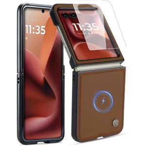 2 x ASAPDOS Genuine Leather Folio Magnetic Case for Motorola Razr 2025 Ultra [Compatible with MagSafe],Built-in Screen Protector and Thin Slim Protective Case Cover Brown