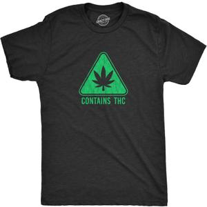 Mens Contains THC T Shirt Funny 420 Weed Leaf Warning Label Tee for Guys (Medium)