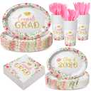 Pajean 350 Pcs Class of 2026 Floral Graduation Party Decorations 12 inch Disposable Pink Gold Floral Oval Plates Napkins Pink Heavy Duty Paper Tableware Set for 50 Guests Grad Party Supplies