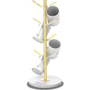 Marble Mug Holder Tree with 8 Hooks, Stainless Steel Coffee Cup Holder, Non-Slip Silicone Pads, Heavy Duty Marble Base, Countertop Organizer for Kitchen & Cafe, Gold