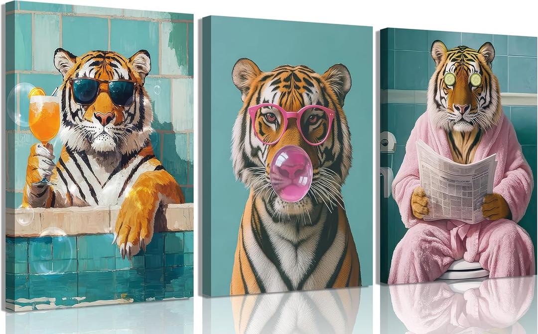 3Pcs Funny Tiger Bathroom Canvas Wall Art Trendy Preppy Tiger Bathroom Wall Decor Prints Fashion Sunglasses Animal Toilet Paintings Pictures for Washroom Toilet Home Decoration 12x16in Framed