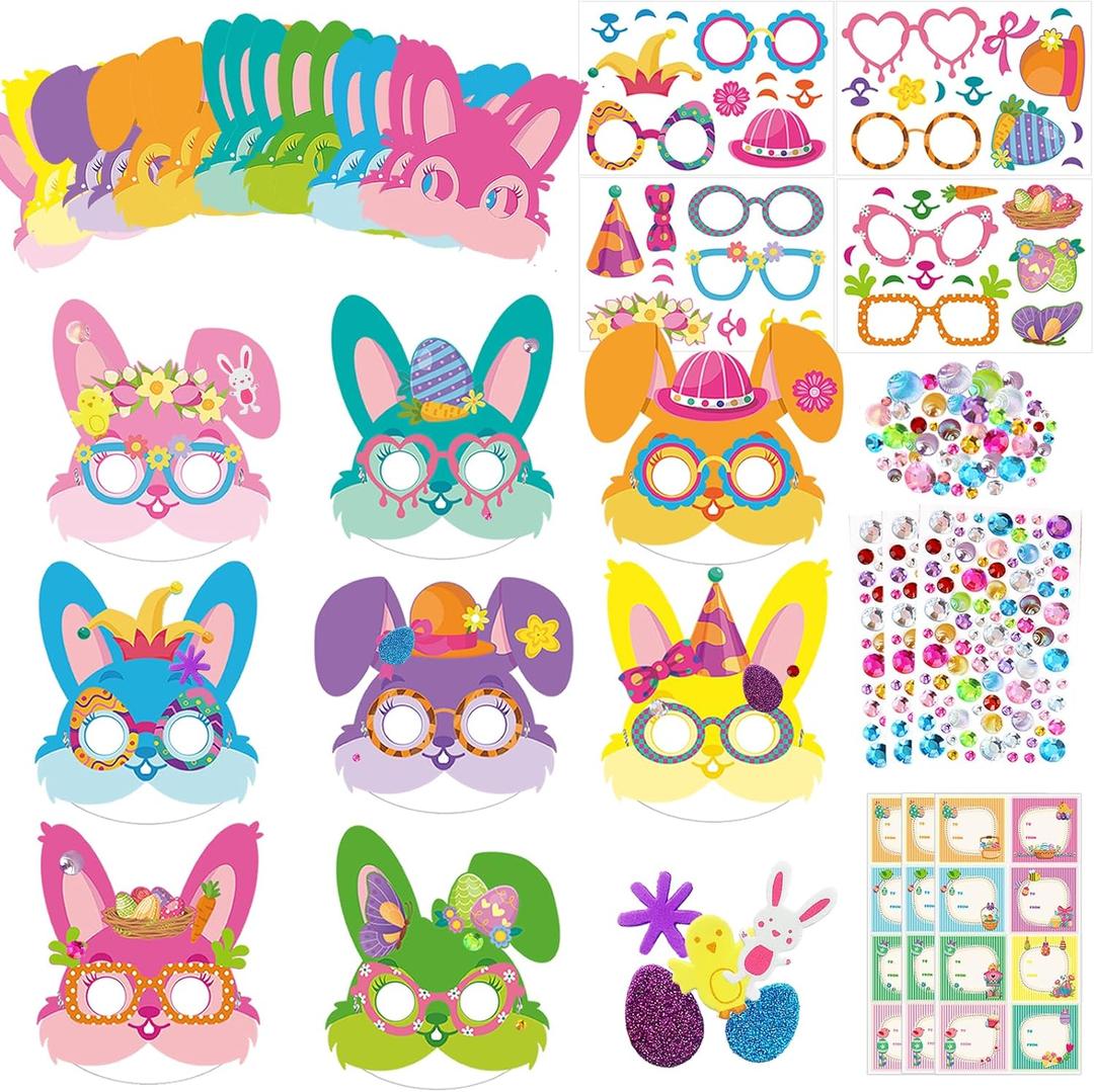 24 Sets Bunny Masks Craft Kits Easter Face Masks DIY Paper Easter Party Mask Art Sets Bunny Face Stickers for Activities Spring Party Treats