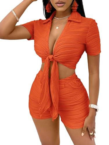 Floerns Women's 2 Piece Outfit Tie Front Short Sleeve Crop Top with Shorts Set Orange Medium