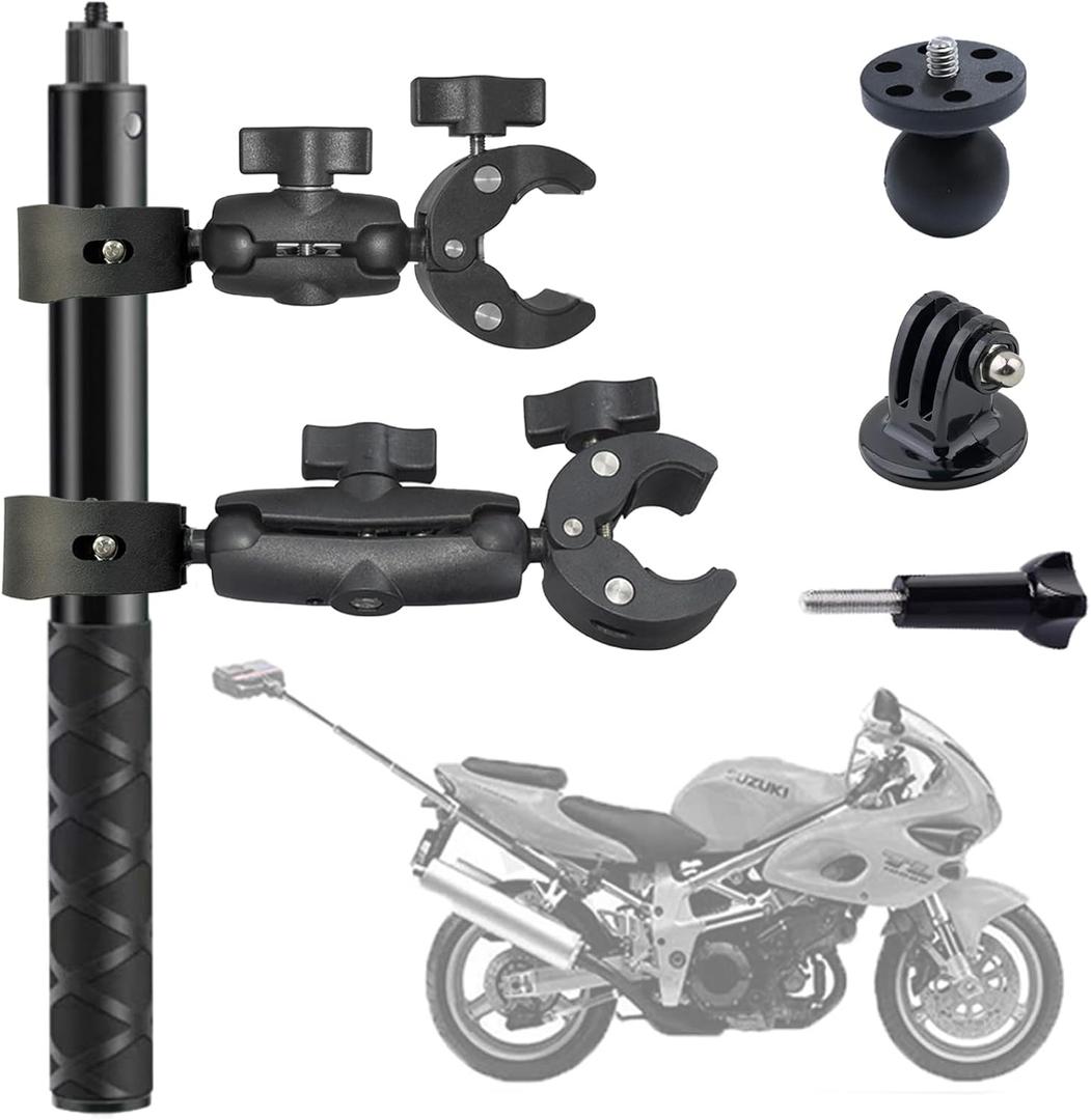 Motorcycle Bike Handlebar Clamp Mount with 47.3" Invisible Selfie Stick Compatible for Insta360 ONE X5 X4 X3 X2 X RS R Go 2 3 and Go Pro Max Action Camera