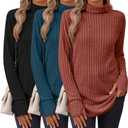 Ficerd 3 Pack Women's Turtleneck Long Sleeve Tunic Sweater Thumbhole, Ribbed Raglan Curved Hem Knit Shirts Loose Fall Winter (L)