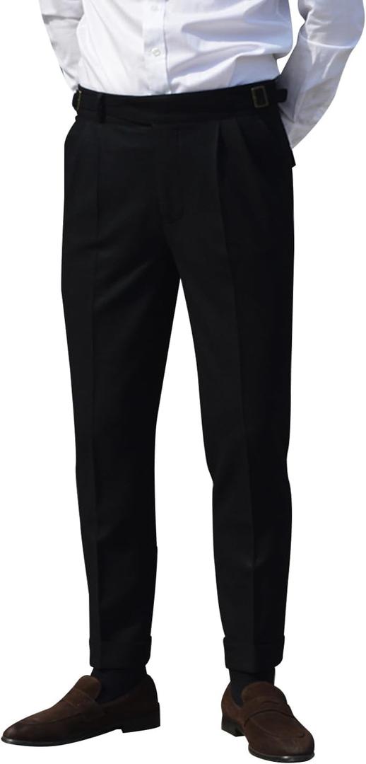 SNOLY Men's Winter Retro Woolen Gurkha Pant Straight Flat Front Chino High Waist Tapered Leg Rolled Pants,Two Styles (Large, 1#black)