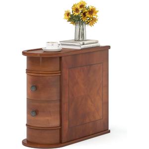 LITTLE TREE Wood End Table with 2 Drawers Sofa Side Table, No Assembly Required Vintage Slim Nightstand Bedside Table for Bedroom (23.6 D x 10.8 W x 23.6 H Inch, Brown)