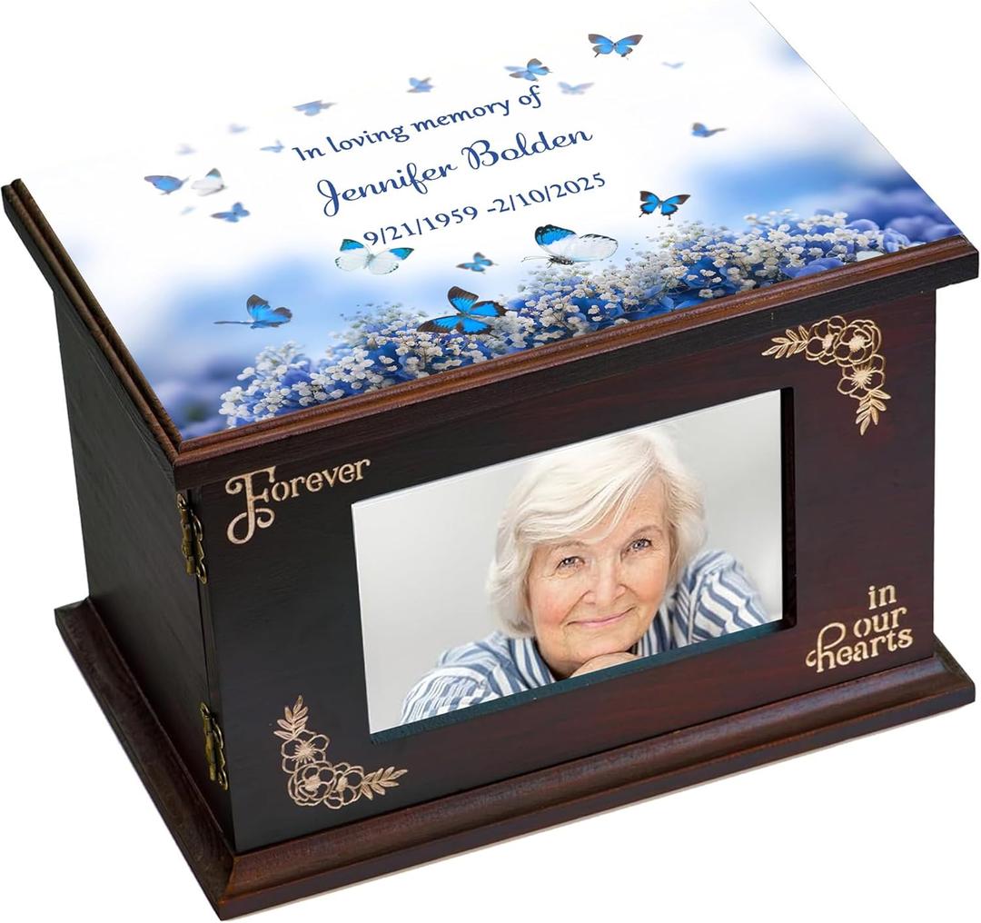 Cremation Urns for Human Ashes Adult Male Female Large Decorative Urn Wooden Urns Box Memoria Funeral Burial Urns for Men Women (Custom urn- Butterfly)