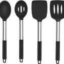 TeamFar Kitchen Utensils, 4 PCS Silicone Cooking Utensils Spatula Spoon Set with Stainless Steel Handle, for Frying Mixing Draining Turning, Healthy & Heat-proof, Non-stick & Dishwasher Safe - Black