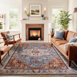 Beglad Washable Area Rugs 5x7, Low Pile Soft Vitnage Distressed Rug for Bedroom, Living Room, Dining Room, Non-Slip, Low Pile, Rust Brown