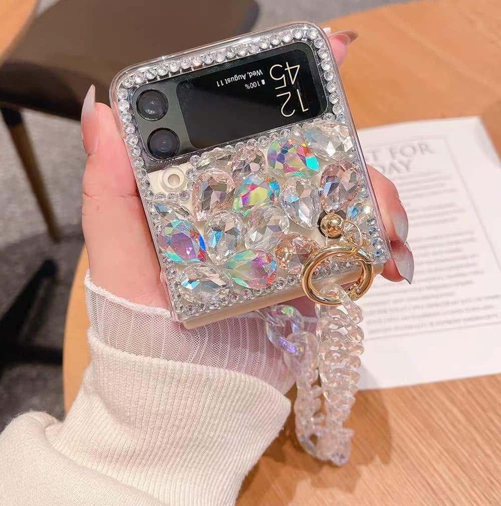 for Samsung Galaxy Z Flip 4 Case for Women Girls with Strap,Galaxy Flip 4 Case Luxury Bling Diamond Crystal Rhinestone Design,3D Cute Glitter Clear Soft TPU Bumper Cover for Samsung Z Flip 4 5G (White)