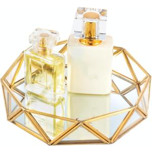 Feyarl Small Gold Glass Perfume Tray Jewelry Trinket Organizer Tray Ornate Vanity Cosmetic Makeup Display Decorative Tray for Home Decor Dresser Tabletop Countertop (7inch) (7" x 7" x 1.4")