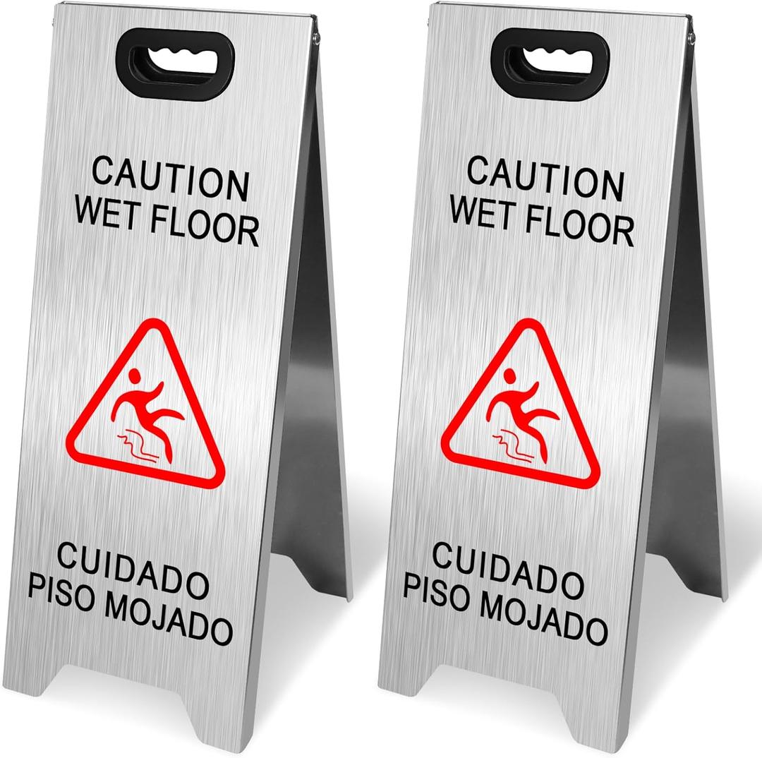 2 Pack Stainless Steel Wet Floor Sign, 24 Inch Caution Wet Floor Sign Portable Foldable Bilingual Safety Warning for Hotel Market Restroom Restaurant Office (Silver)