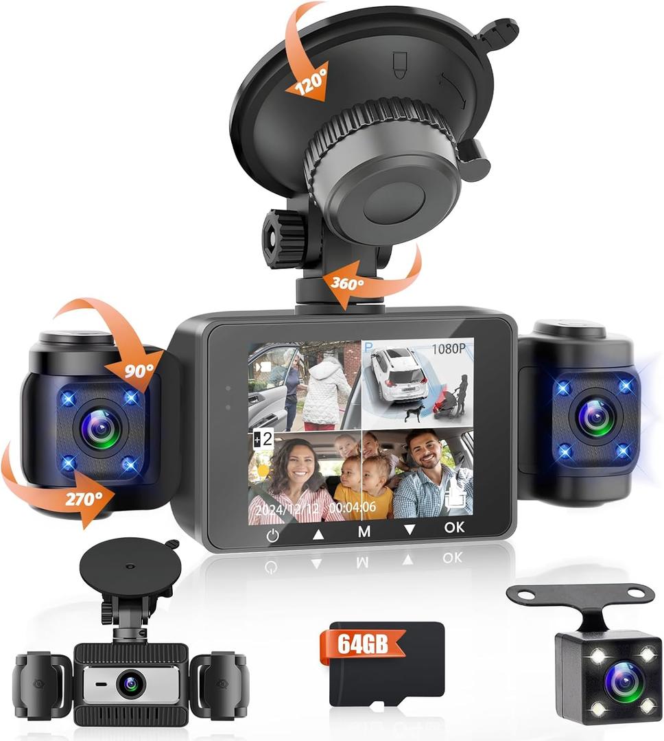 4 Channel Dash Cam 360 View, DashCam Front and Rear Left Right Inside Camera for Cars, with 64GB Card, Night Vision, Loop Recording, G-Sensor, 24H Parking Mode, Suction Cup