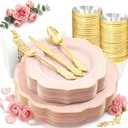 NOCCUR 175PCS Pink Plates with Gold Disposable Silverware - Include 50 Pink Plastic Plates,25 Knives,25 Forks,25 Spoons,25 Cups and 25 Napkins - Ideal for Party/Wedding/Mother's Day