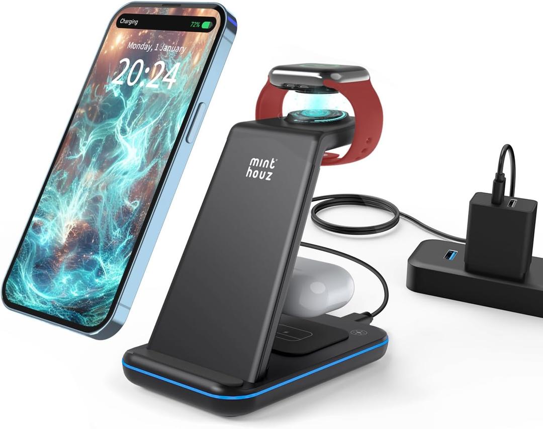 Minthouz Wireless Charger, 3 in 1 Fast Wireless Charging Station with 20W Adapter for Multiple Devices Apple Watch, AirPods, Wireless Charger Stand Compatible with iPhone 14/13/12/11 Series