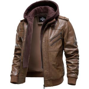 HOOD CREW Mens Genuine Cowhide Leather Jacket Black Hooded Motorcycle Biker Jacket for Men (Medium, Brown)