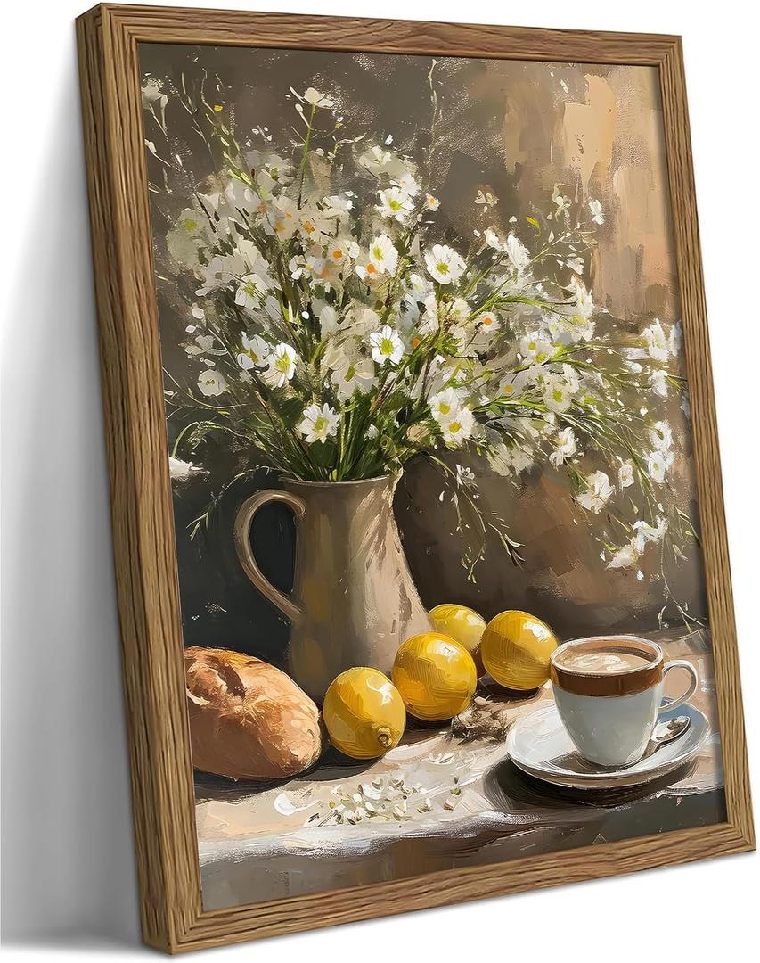 Vintage Lemons Framed Wall Art, Kitchen Floral Wall Decor, Coffee Paintings Pictures Prints, Rustic Neutral Daisy Canvas Poster Artwork for Living Room Bedroom – 12x16in