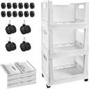 Stackable Plastic Storage Basket, 3 Pack Foldable Closet Organizers and Storage Bins with Wheels, Collapsible Drawer Shelf Storage Box Container for Office Bedroom Closet Wardrobe Kitchen Bathroom, 15.14"D x 11.4"W x 27.17"H