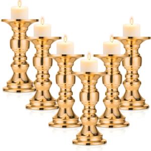 Yaomiao 6 Pieces Wedding Gold Pillar Candle Holders Metal Candlestick Holder Tall Stands for Pillar Candles Gold Candlesticks for Table Weddings Special Events Parties Living Room
