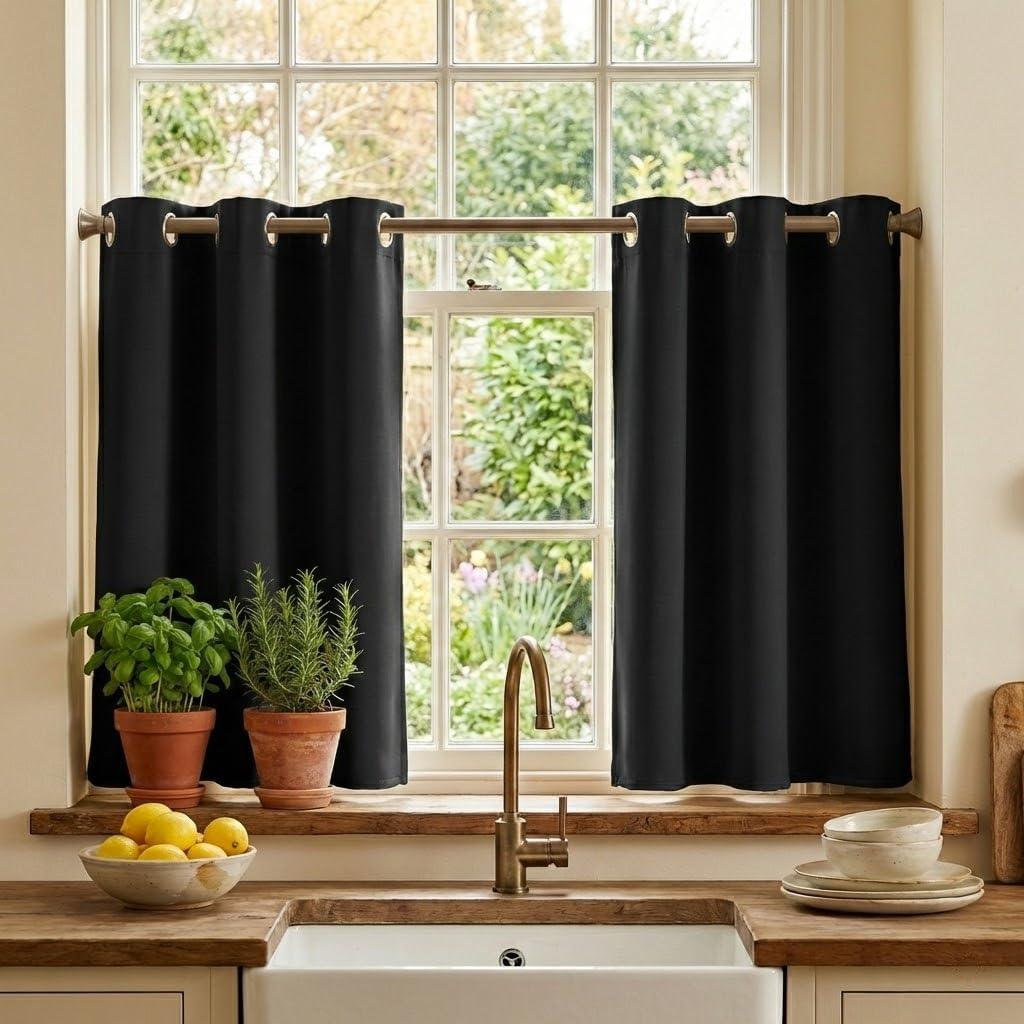RYB HOME Kitchen Curtains 36 Inch Length 2 Panels Set - Blackout Cafe Curtains for Kitchen Window Over Sink, Thermal Insulated Small Window Privacy Drapes for RV Basement, W42xL36, Black